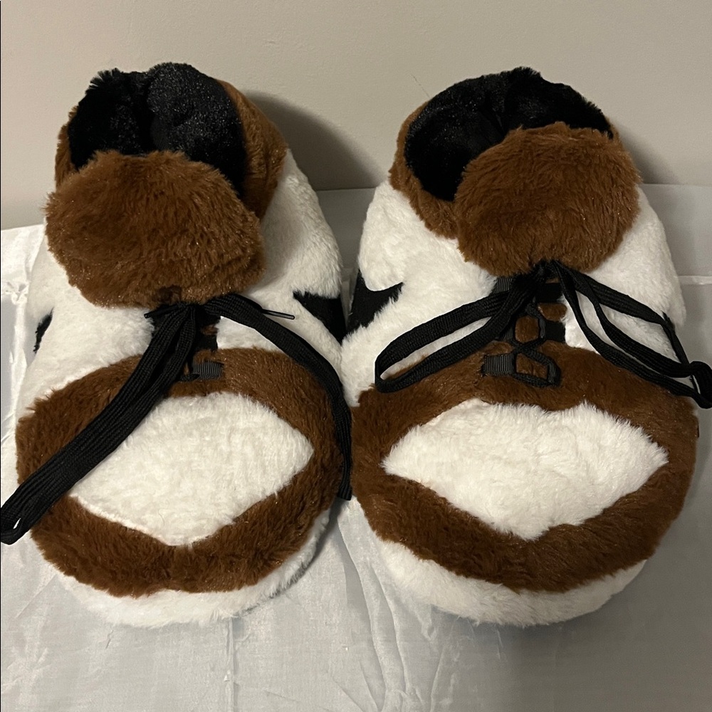 Air Jordan’s Furry Brown and White Slippers with Black Accents - Picture 2 of 5